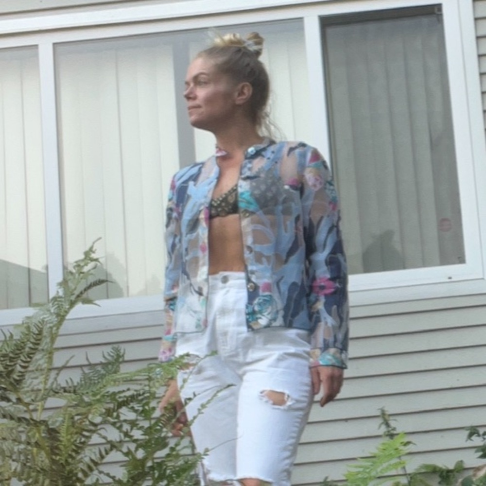 Vintage Cynthia Max Relax Floral Blue Sheer Button-Down Shirt